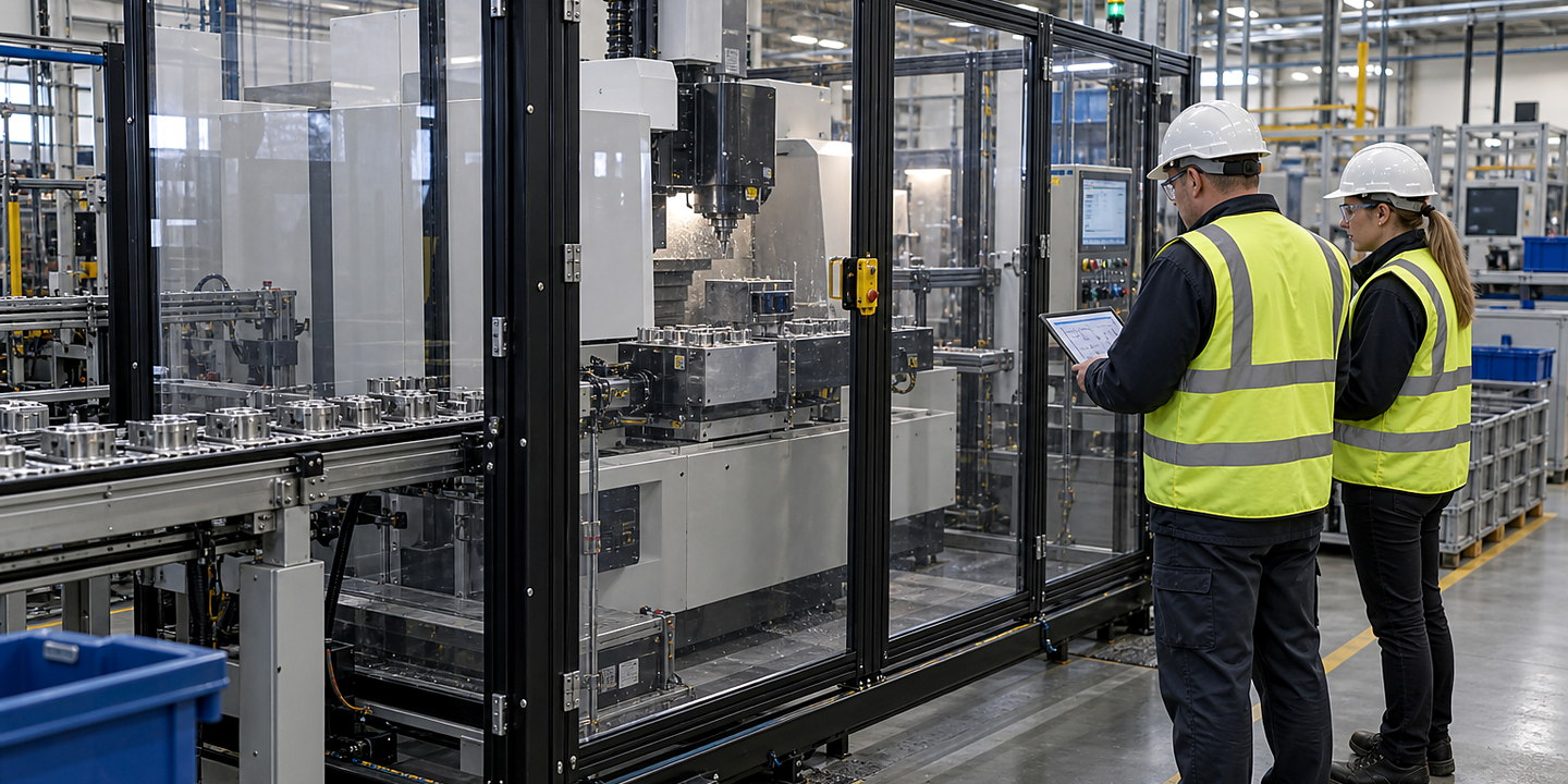 An operator loading a machine through a correctly mounted light curtain, with guarded sides and status indicators visible.